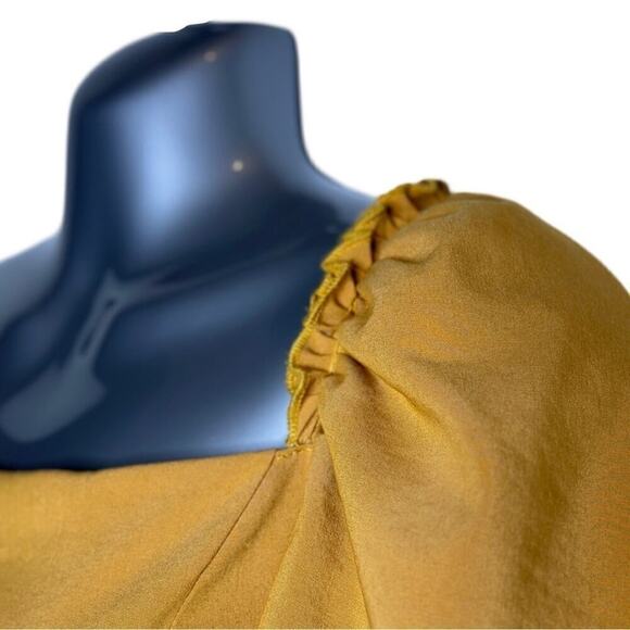 Marigold Line & Dot Ruffle Asymmetrical Puff Sleeve Yoko Mini Dress Size Small - Picture 4 of 11